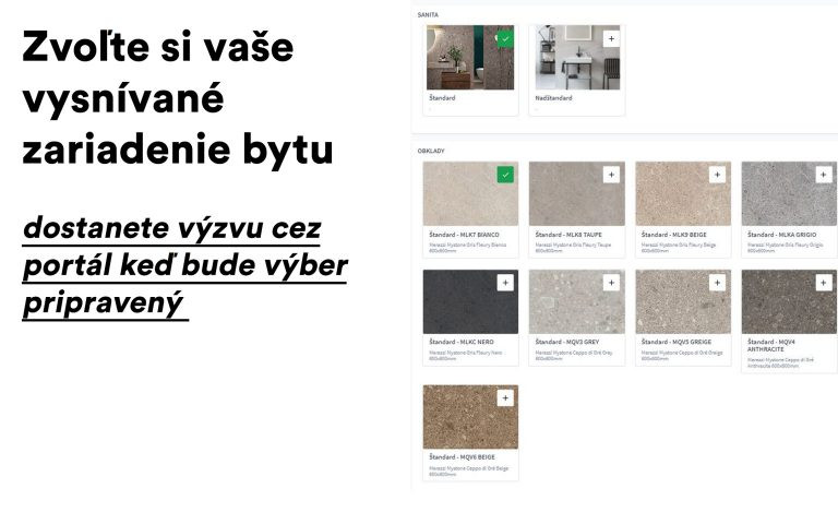 Možnost zvolit si online vysněné zařízení bytu, kde máte na výběr různé dekory sanity a obkladů od developera Corwin